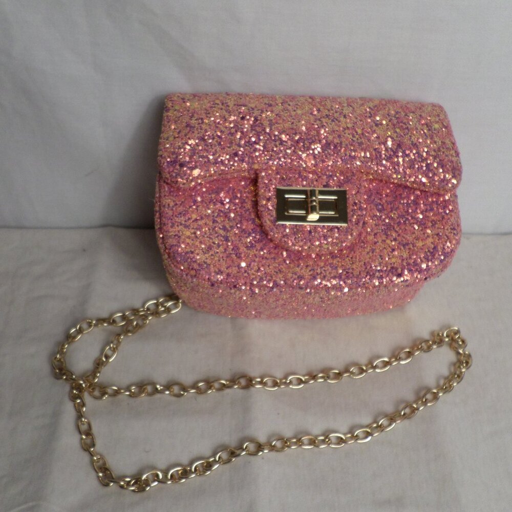 Popatu Girls Pink Glitter Solid Purse With Gold Chain Strap Crossbody